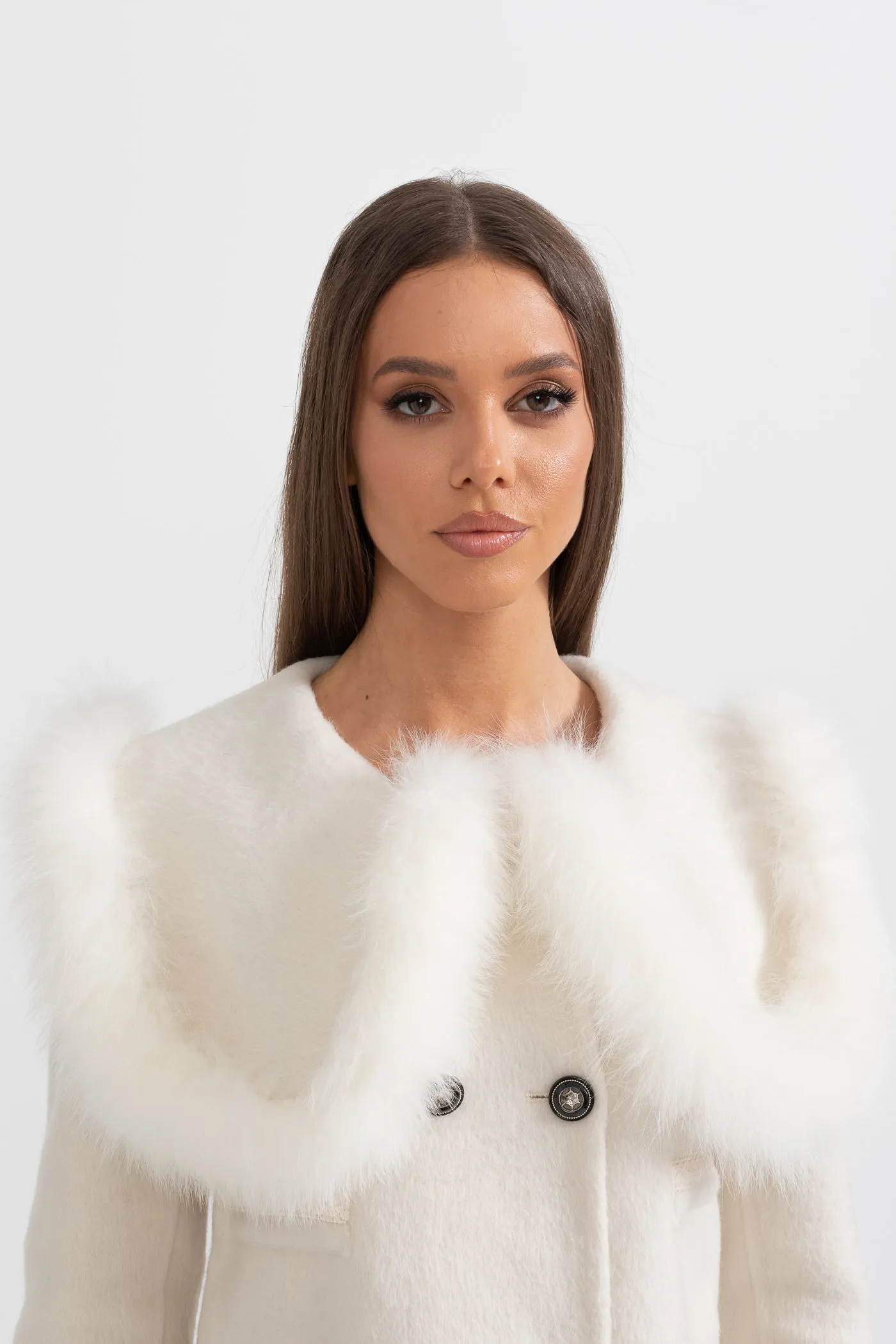 Double Breasted Cropped Jacket With Fur Collar Embellishment - White