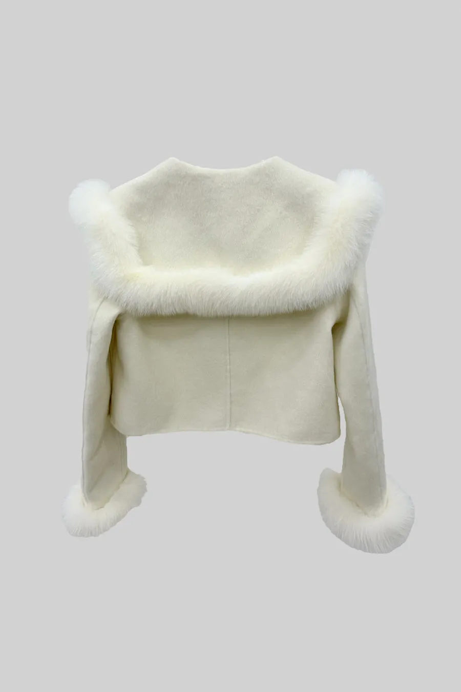 Double Breasted Cropped Jacket With Fur Collar Embellishment - White