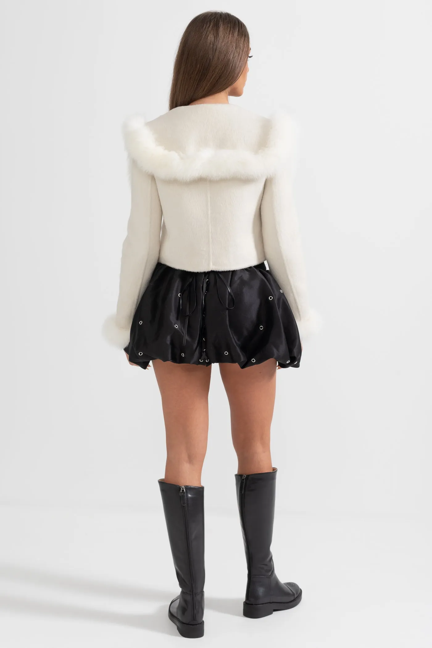 Double Breasted Cropped Jacket With Fur Collar Embellishment - White