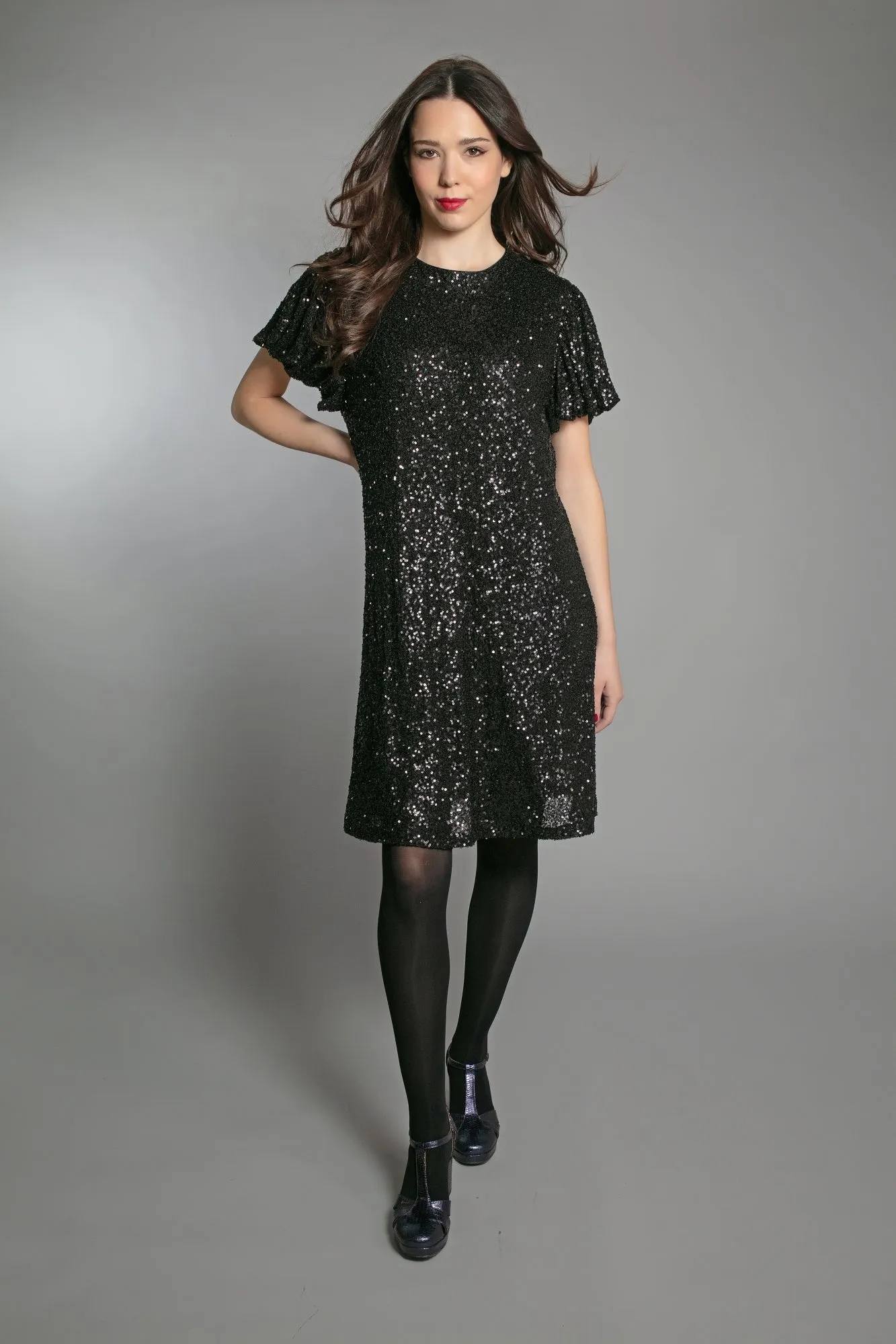 DUSTY SEQUIN T SHIRT DRESS IN BLACK