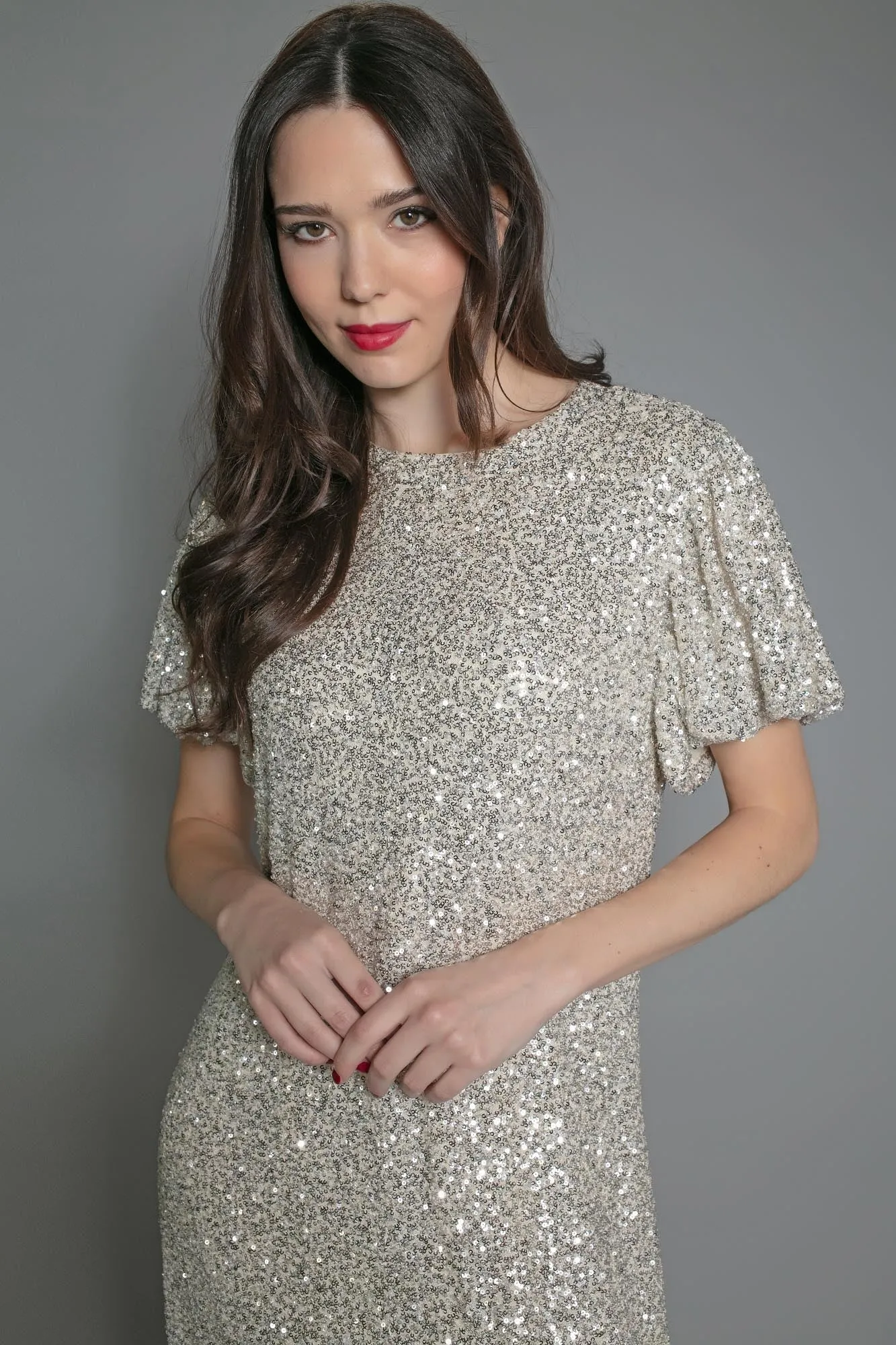 DUSTY SEQUIN T SHIRT DRESS IN GOLD