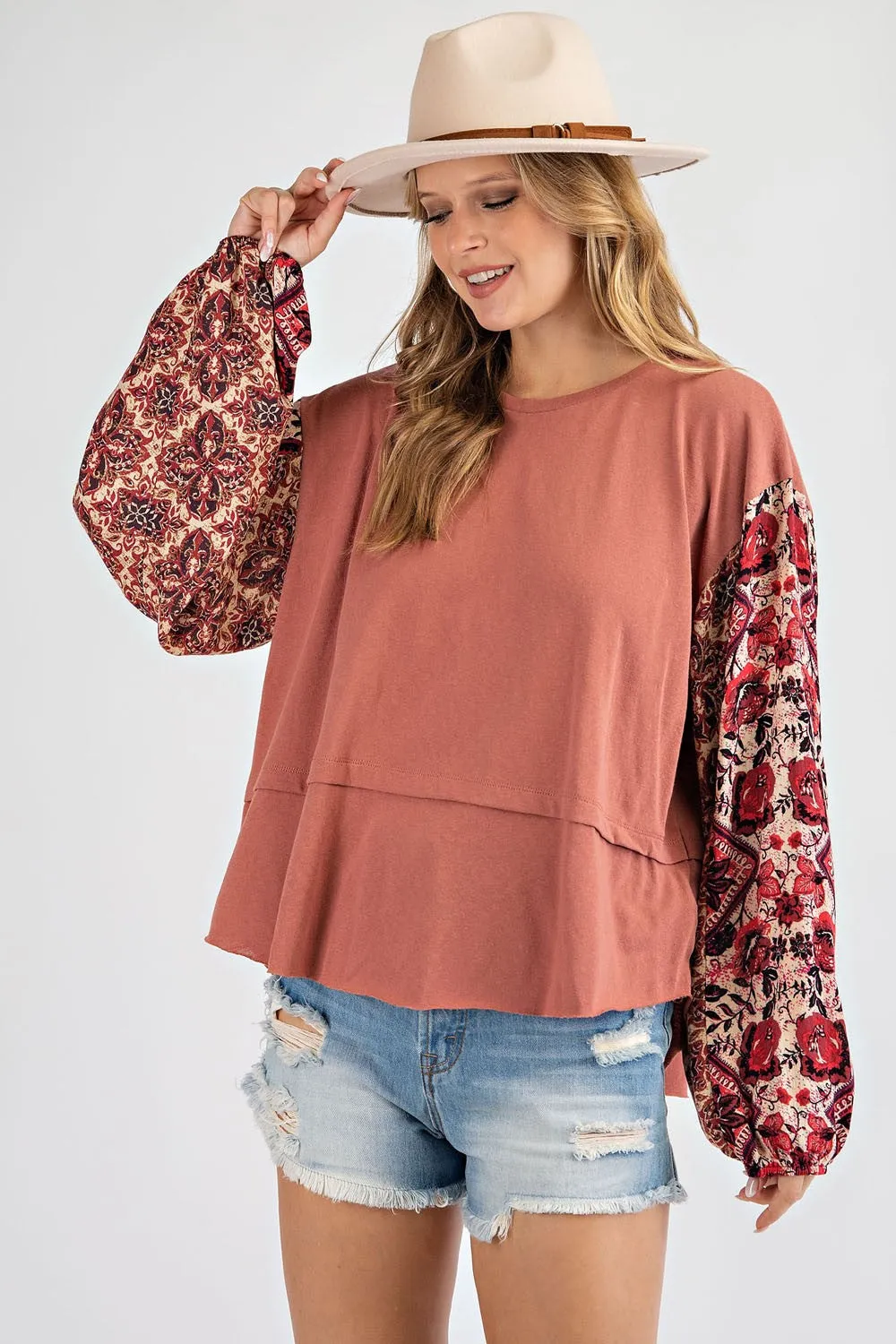 Easel Printed Bubble Sleeve Top