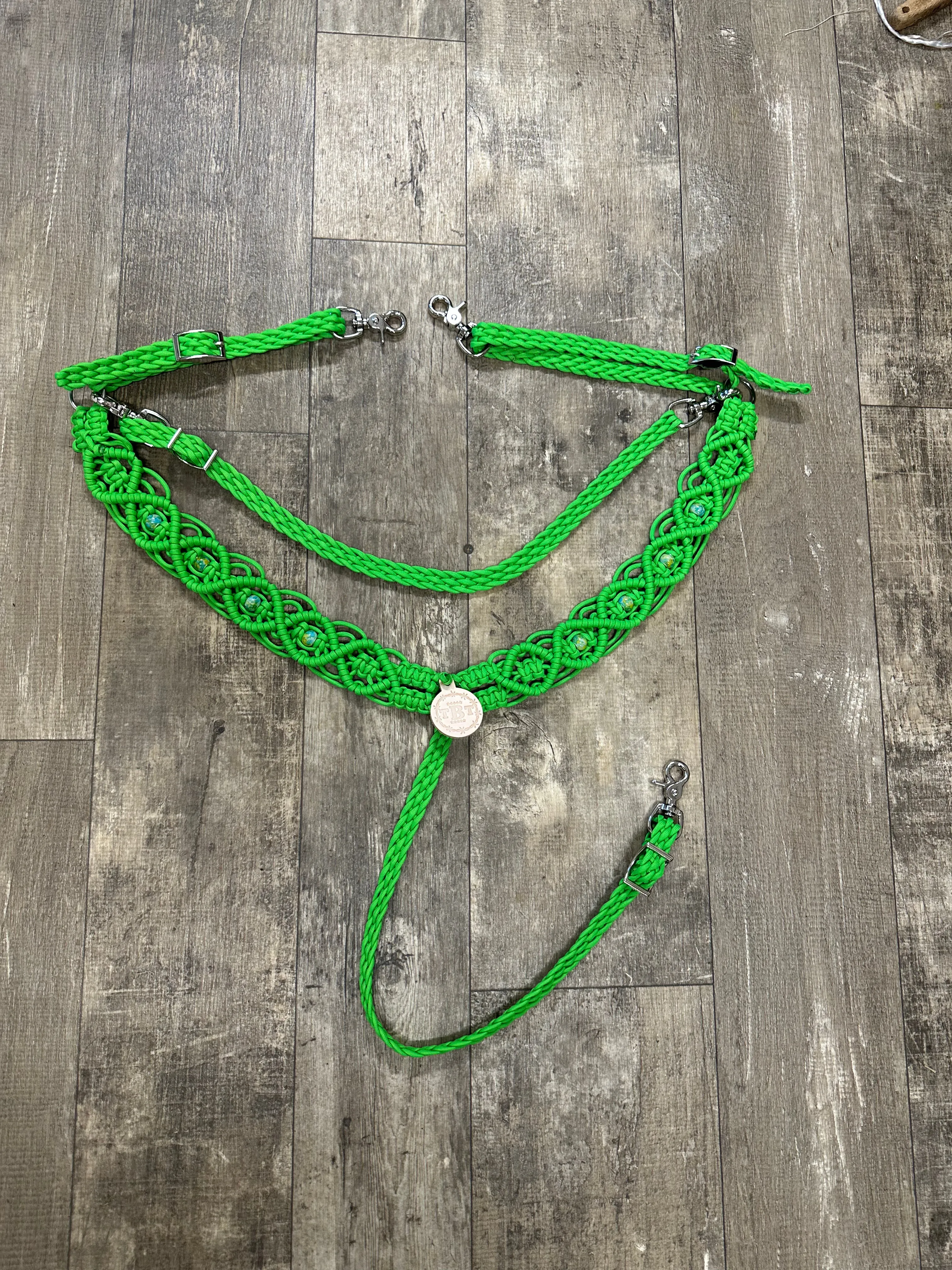 fancy macrame  breast collar neon green with beading and a wither strap