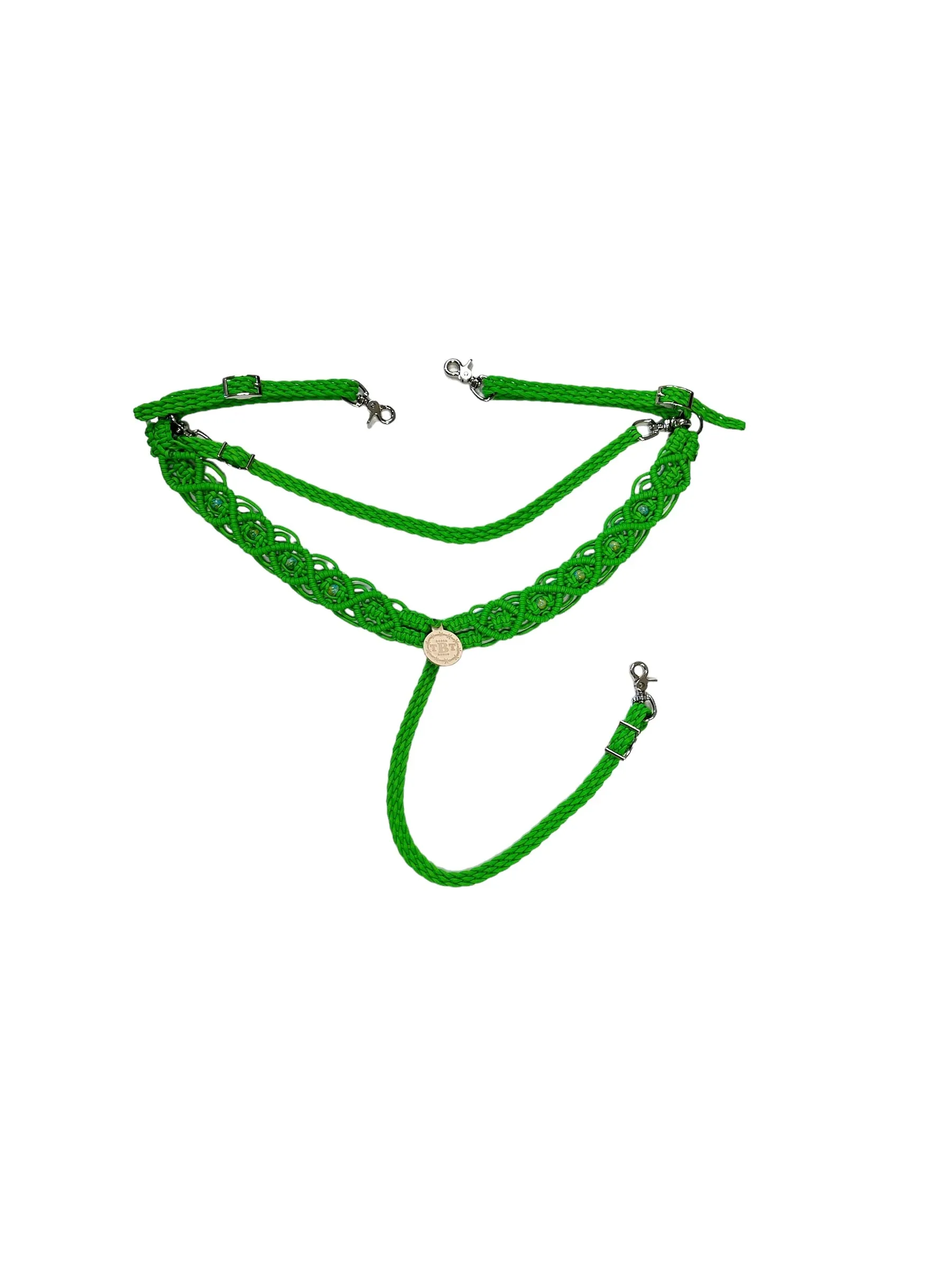 fancy macrame  breast collar neon green with beading and a wither strap