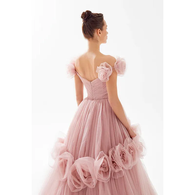 Floral Off-Shoulder V-Neck Ruched Tulle Ball Prom Evening Formal Dress