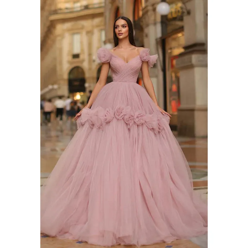 Floral Off-Shoulder V-Neck Ruched Tulle Ball Prom Evening Formal Dress