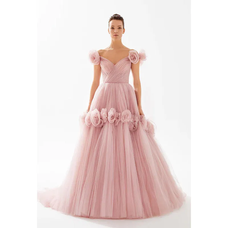 Floral Off-Shoulder V-Neck Ruched Tulle Ball Prom Evening Formal Dress