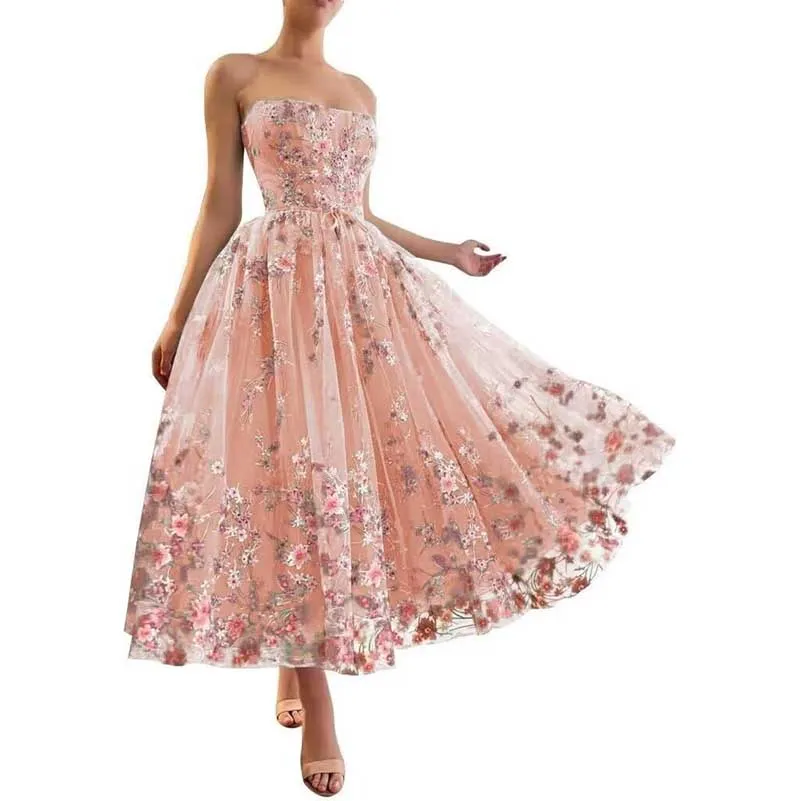 Flower Tea Length Embroidered Tulle Lace Formal Dress School Event Dress