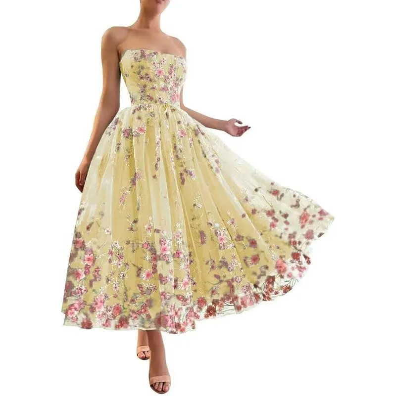 Flower Tea Length Embroidered Tulle Lace Formal Dress School Event Dress