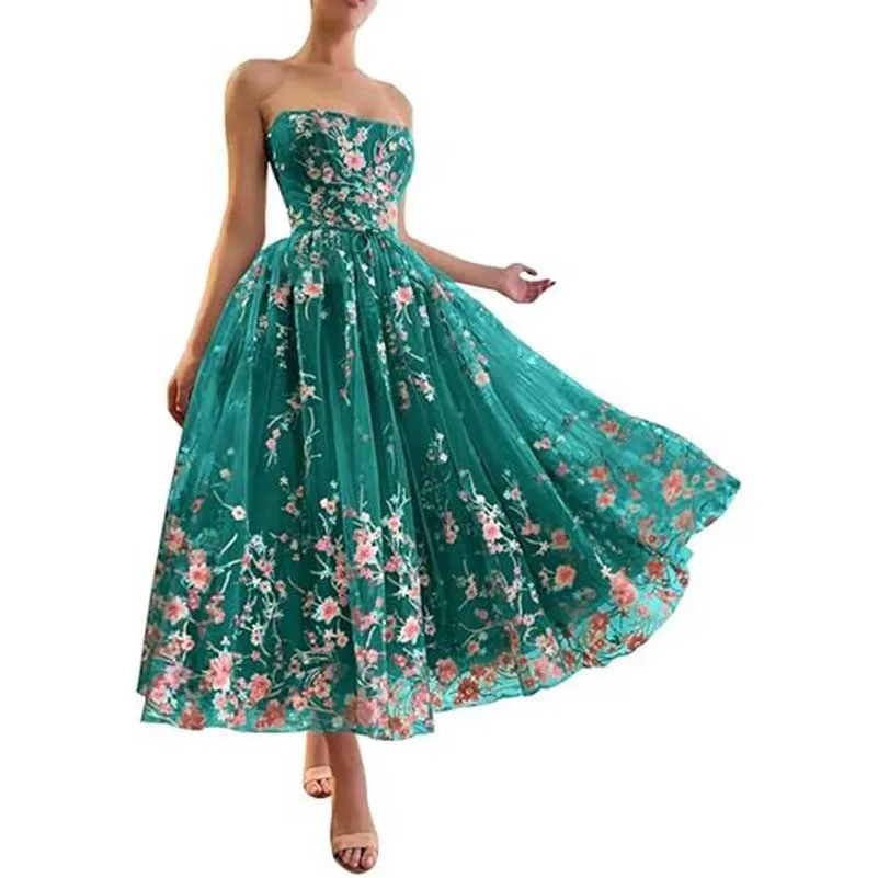 Flower Tea Length Embroidered Tulle Lace Formal Dress School Event Dress