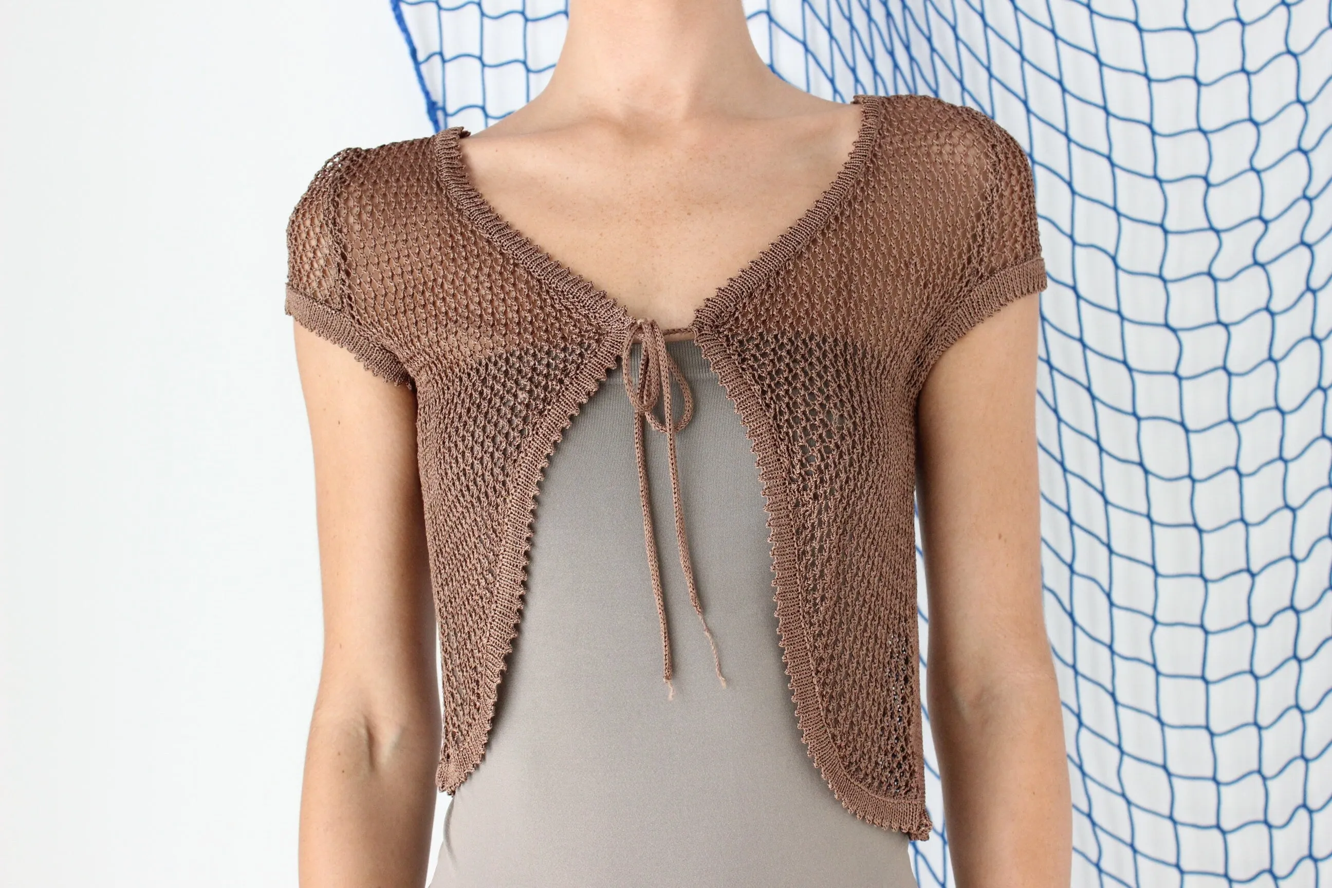 FOUND IN GREECE Y2K Open Knit Crochet Tie Front Bolero Top