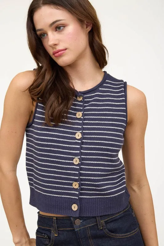 Frankie Sleeveless Button Down Stripe Print Sweater Vest Navy