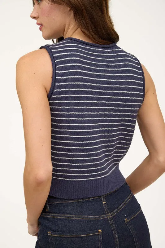 Frankie Sleeveless Button Down Stripe Print Sweater Vest Navy