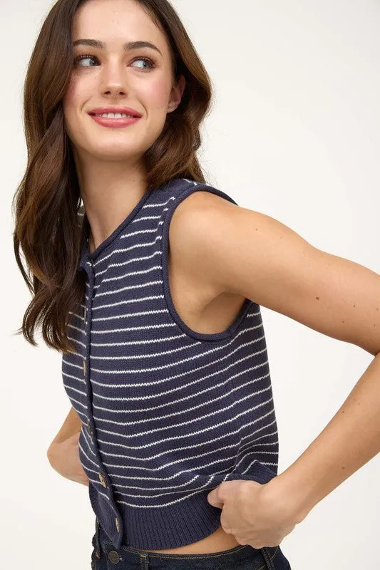 Frankie Sleeveless Button Down Stripe Print Sweater Vest Navy