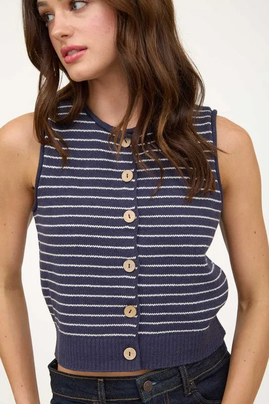 Frankie Sleeveless Button Down Stripe Print Sweater Vest Navy