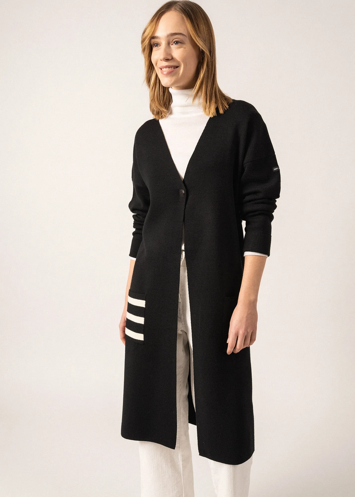 Gilet long en laine Cirrus - SAINT JAMES x Isabelle Ballu (NOIR/ECUME)