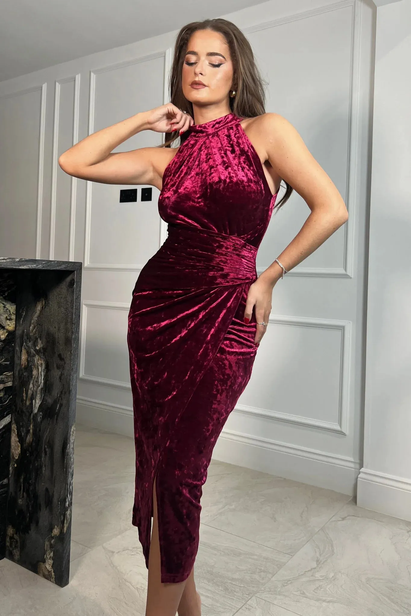 Girl in Mind Alessia Velvet Halter Neck Midi Dress in Wine