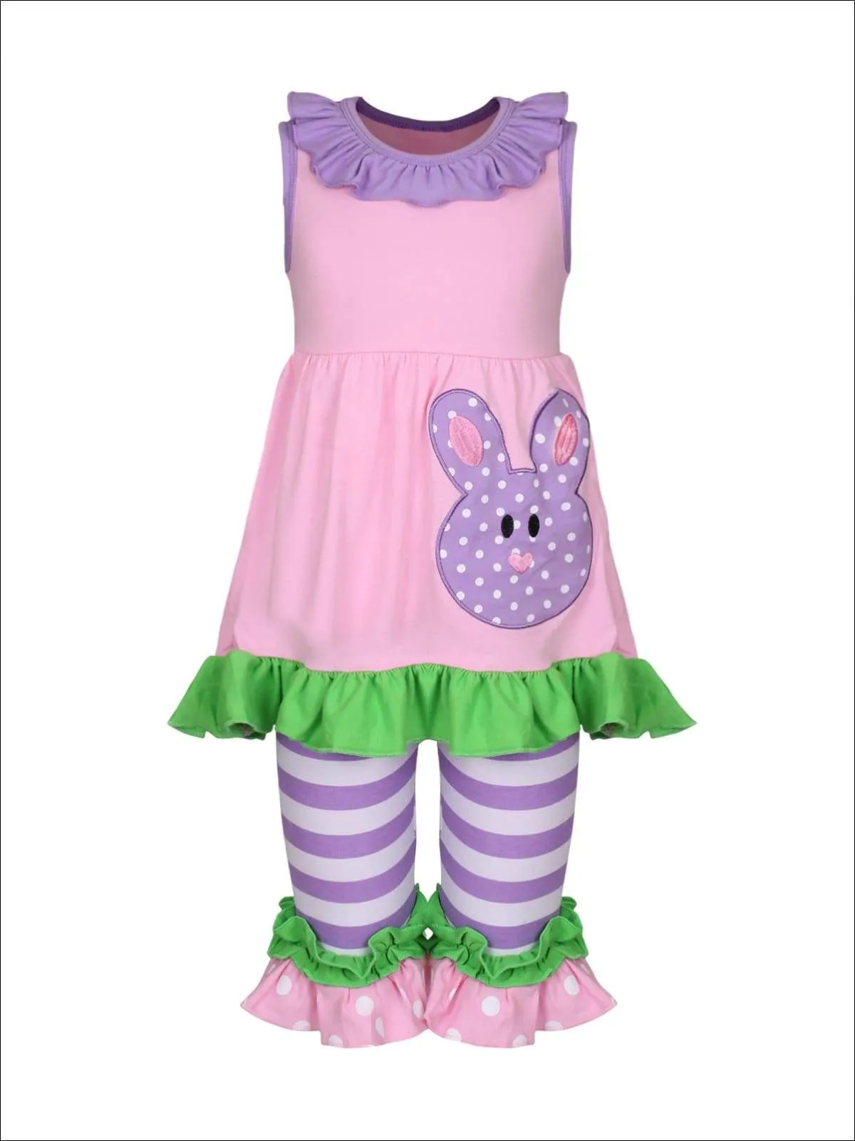 Girls Easter Cutie Ruffled Tunic And Striped Capri Legging Set