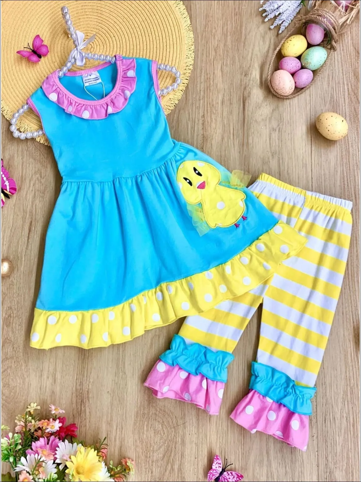 Girls Easter Cutie Ruffled Tunic And Striped Capri Legging Set