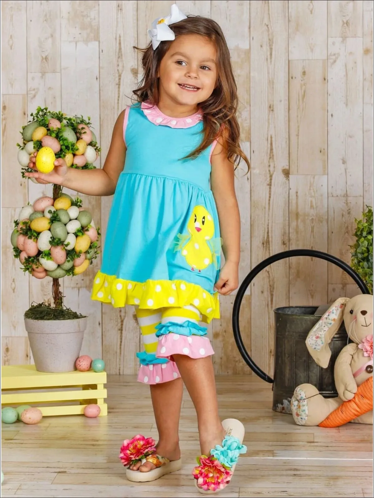 Girls Easter Cutie Ruffled Tunic And Striped Capri Legging Set