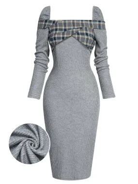 Gray 1960s Plaid Patchwork Pencil Dress