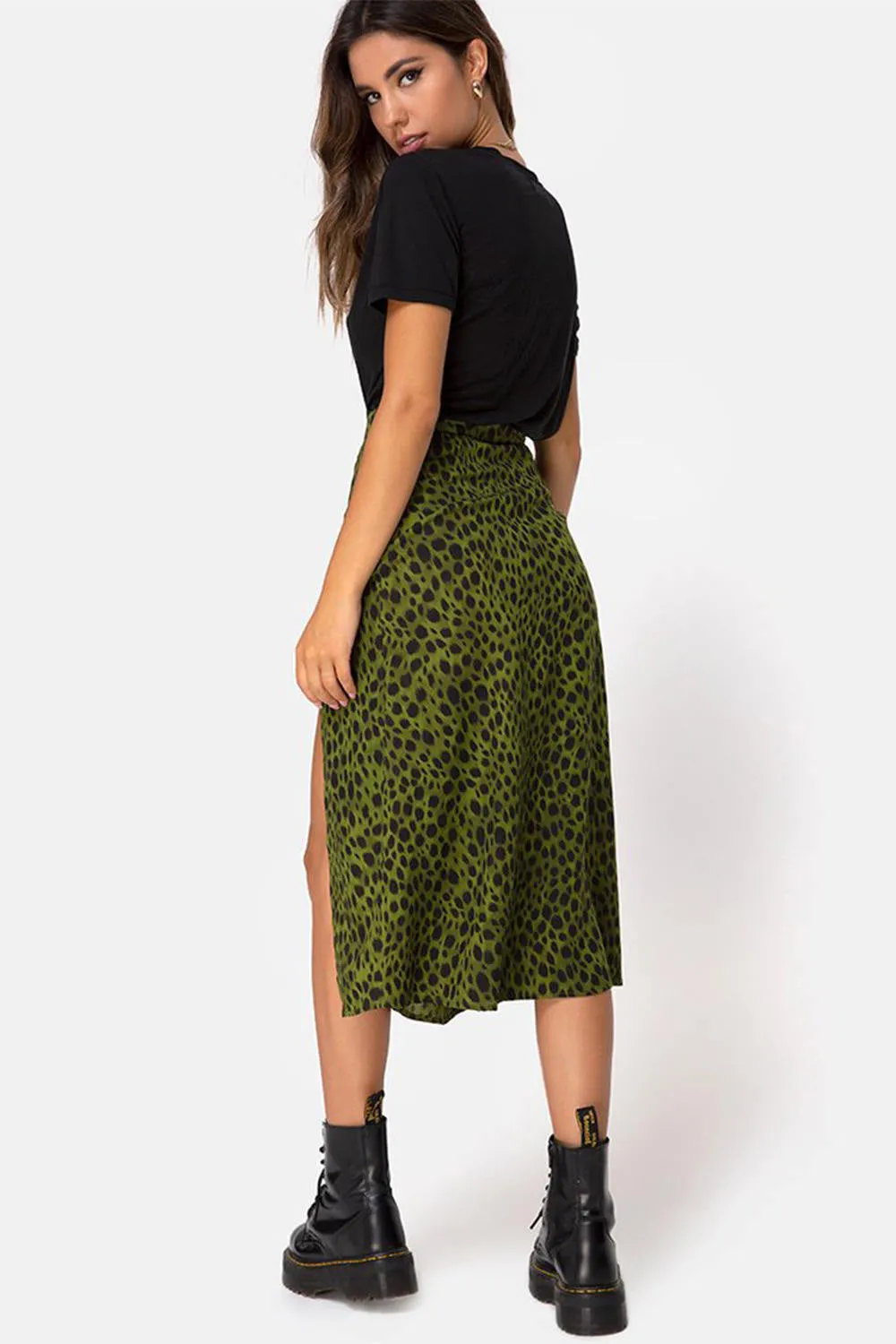 Green Leopard Print Split Midi Skirt