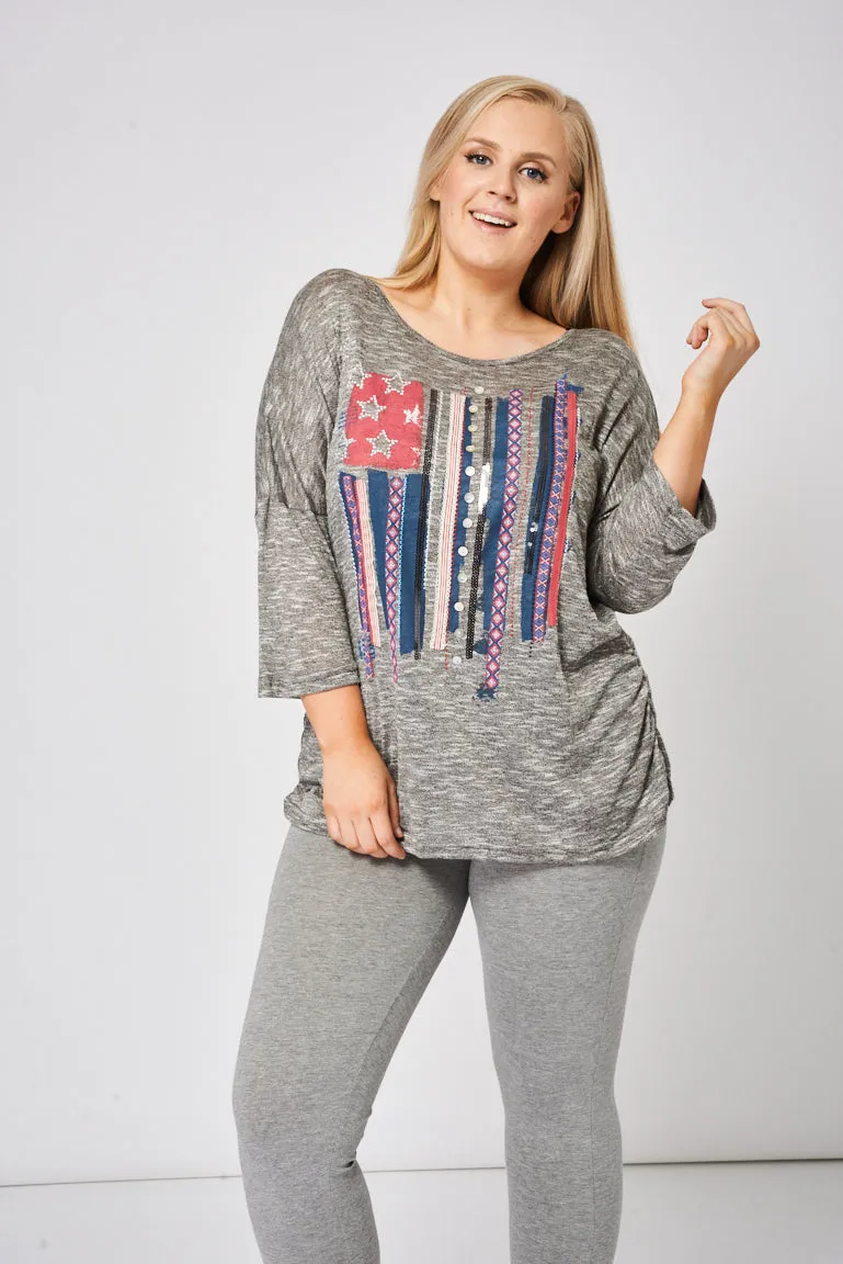 Grey Abstract Print Top With Sequins Detail