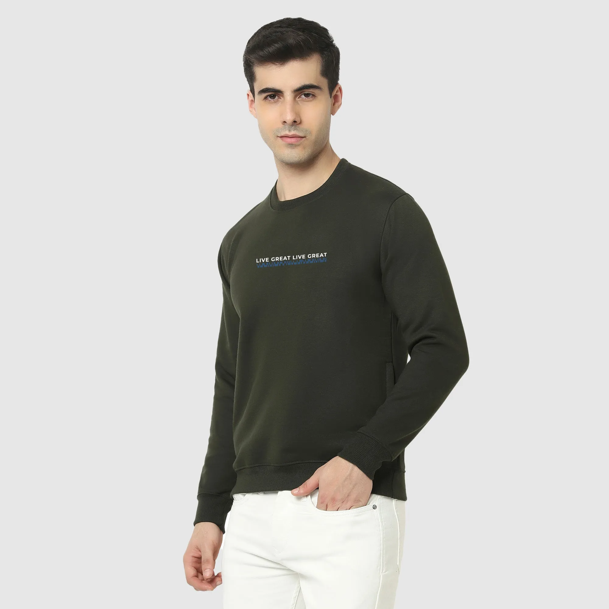 Hiflyers Men Slim Fit Slogan Printed Cotton Fleece Sweatshirt -Olive