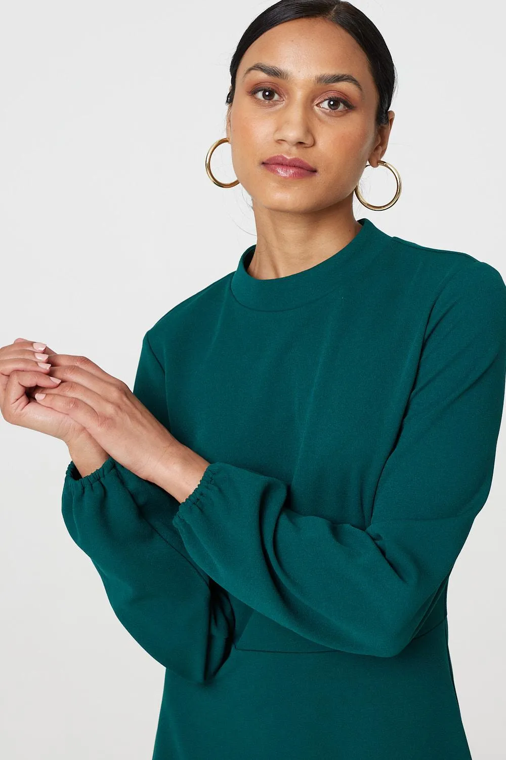 High Neck Long Sleeve A-Line Midi Dress