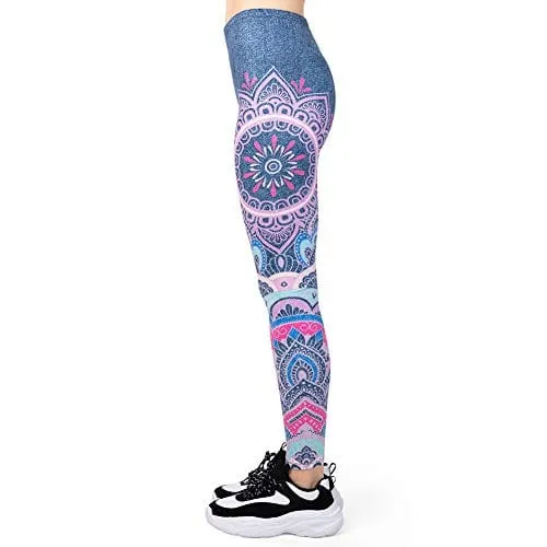 Jeans Printed Seamless Workout Leggings - Women’s Blue Mandala Printed Yoga Leggings, Tummy Control Running Pants (Blue Jeans, One Size)