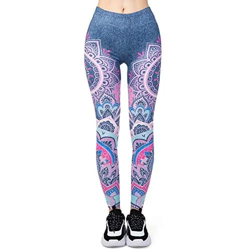 Jeans Printed Seamless Workout Leggings - Women’s Blue Mandala Printed Yoga Leggings, Tummy Control Running Pants (Blue Jeans, One Size)