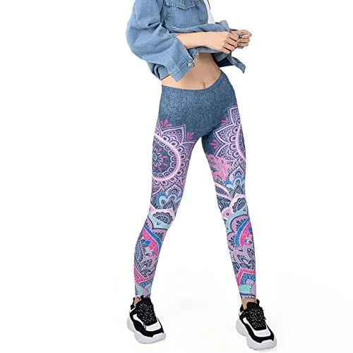 Jeans Printed Seamless Workout Leggings - Women’s Blue Mandala Printed Yoga Leggings, Tummy Control Running Pants (Blue Jeans, One Size)