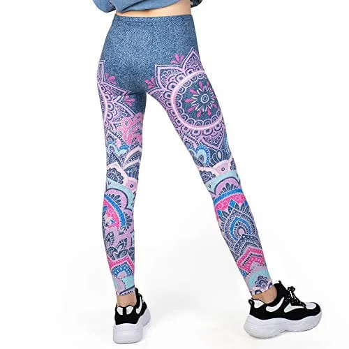 Jeans Printed Seamless Workout Leggings - Women’s Blue Mandala Printed Yoga Leggings, Tummy Control Running Pants (Blue Jeans, One Size)