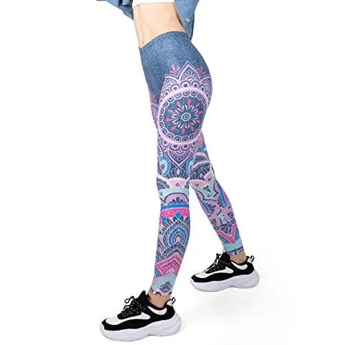 Jeans Printed Seamless Workout Leggings - Women’s Blue Mandala Printed Yoga Leggings, Tummy Control Running Pants (Blue Jeans, One Size)