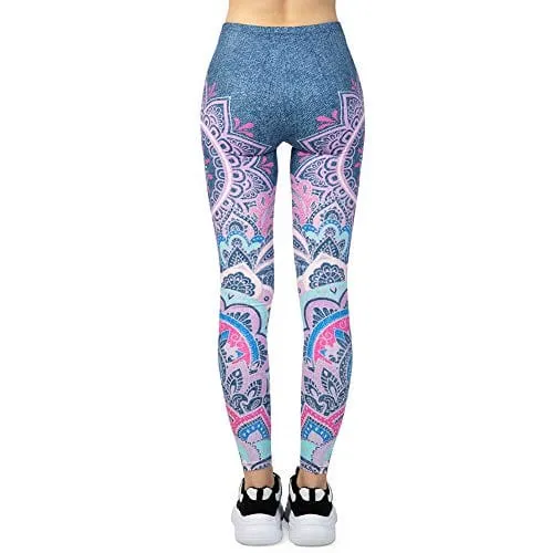 Jeans Printed Seamless Workout Leggings - Women’s Blue Mandala Printed Yoga Leggings, Tummy Control Running Pants (Blue Jeans, One Size)