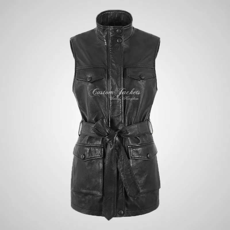 LUNA Ladies Leather Gilet Black Tie Belt Leather Vest Waistcoat