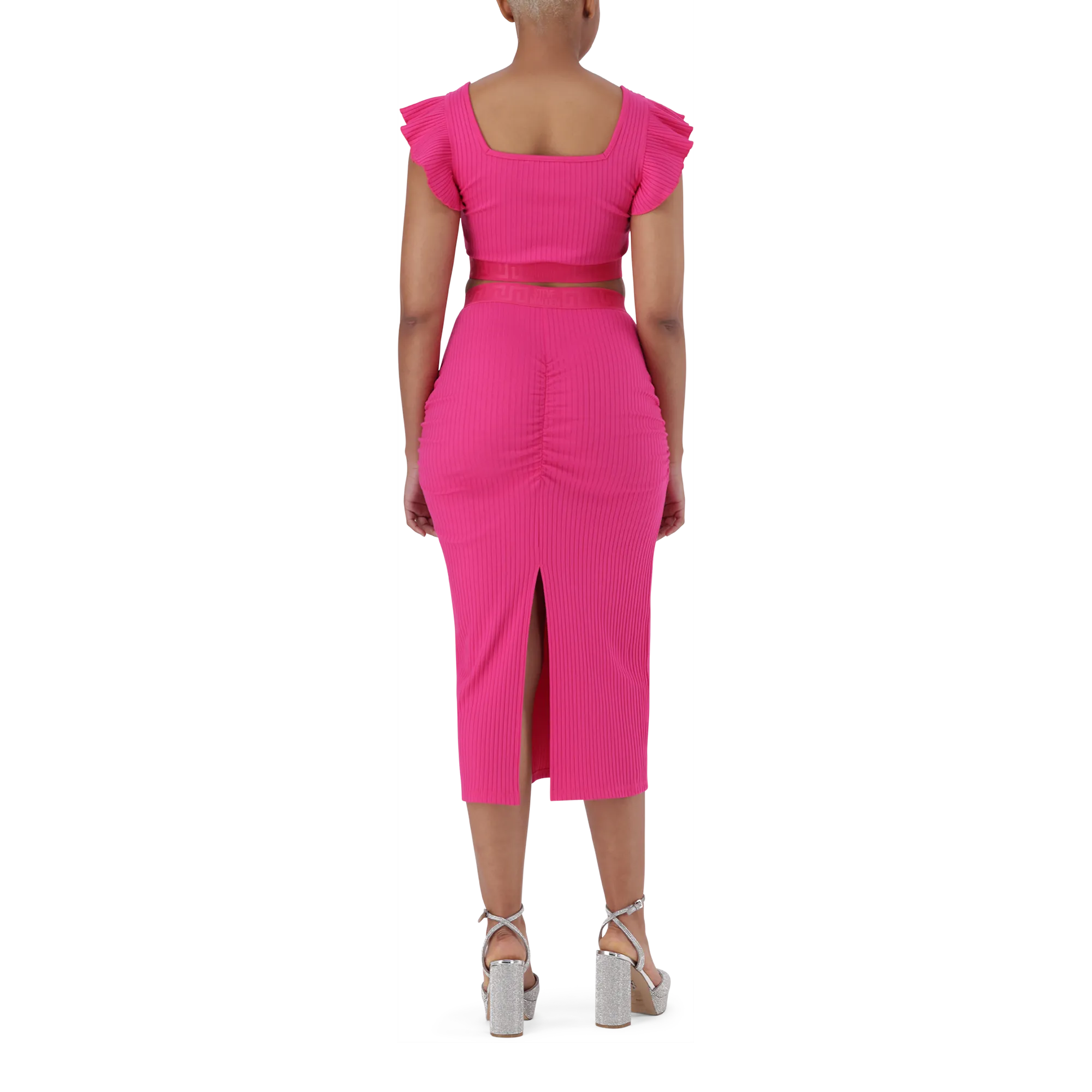 MACIE HOT PINK BODYCON MIDI SKIRT WITH GATHERS