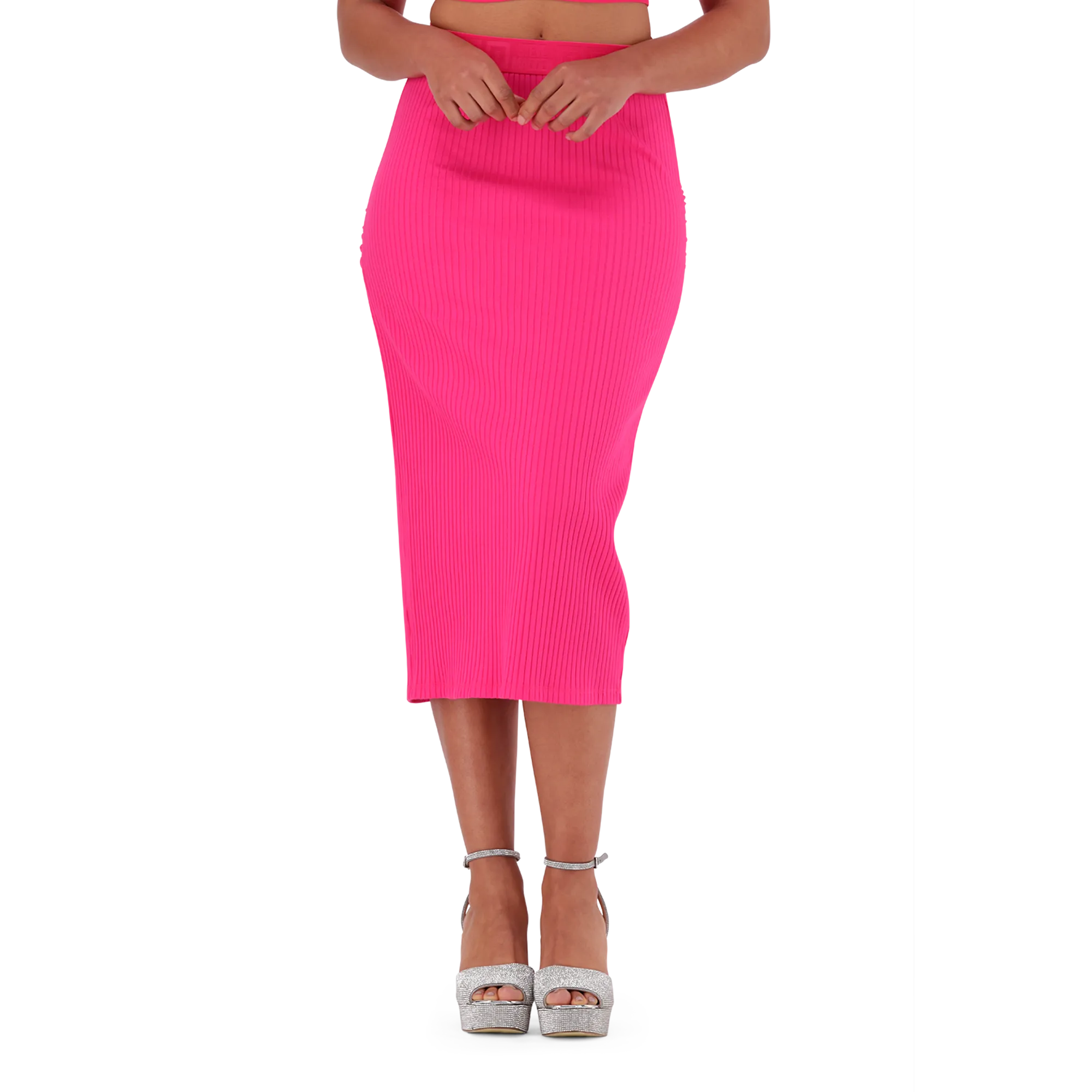 MACIE HOT PINK BODYCON MIDI SKIRT WITH GATHERS