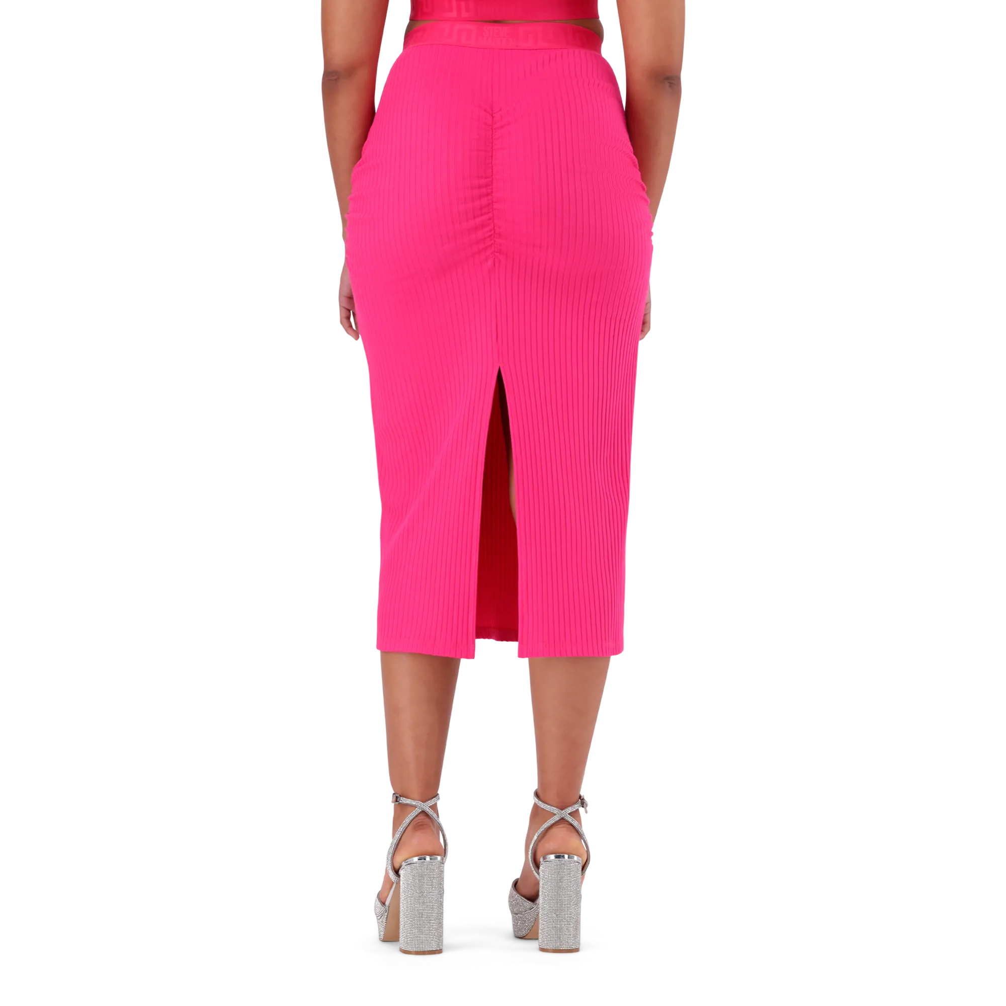 MACIE HOT PINK BODYCON MIDI SKIRT WITH GATHERS