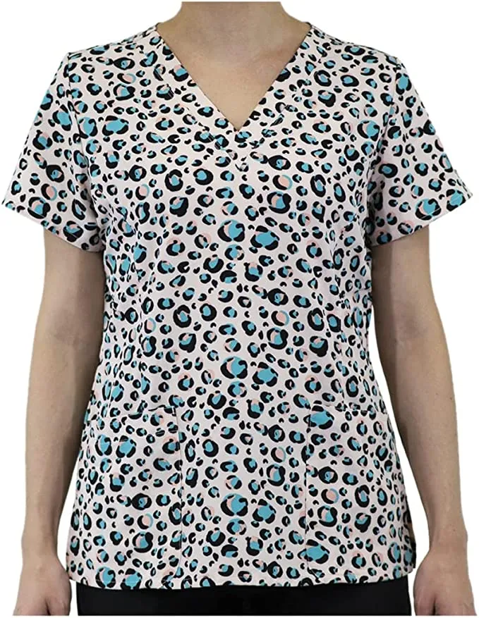 Maevn Women's V-Neck Print Scrub Top 1767 PLP Pastel Leopard <br> Sizes XS to 3XL