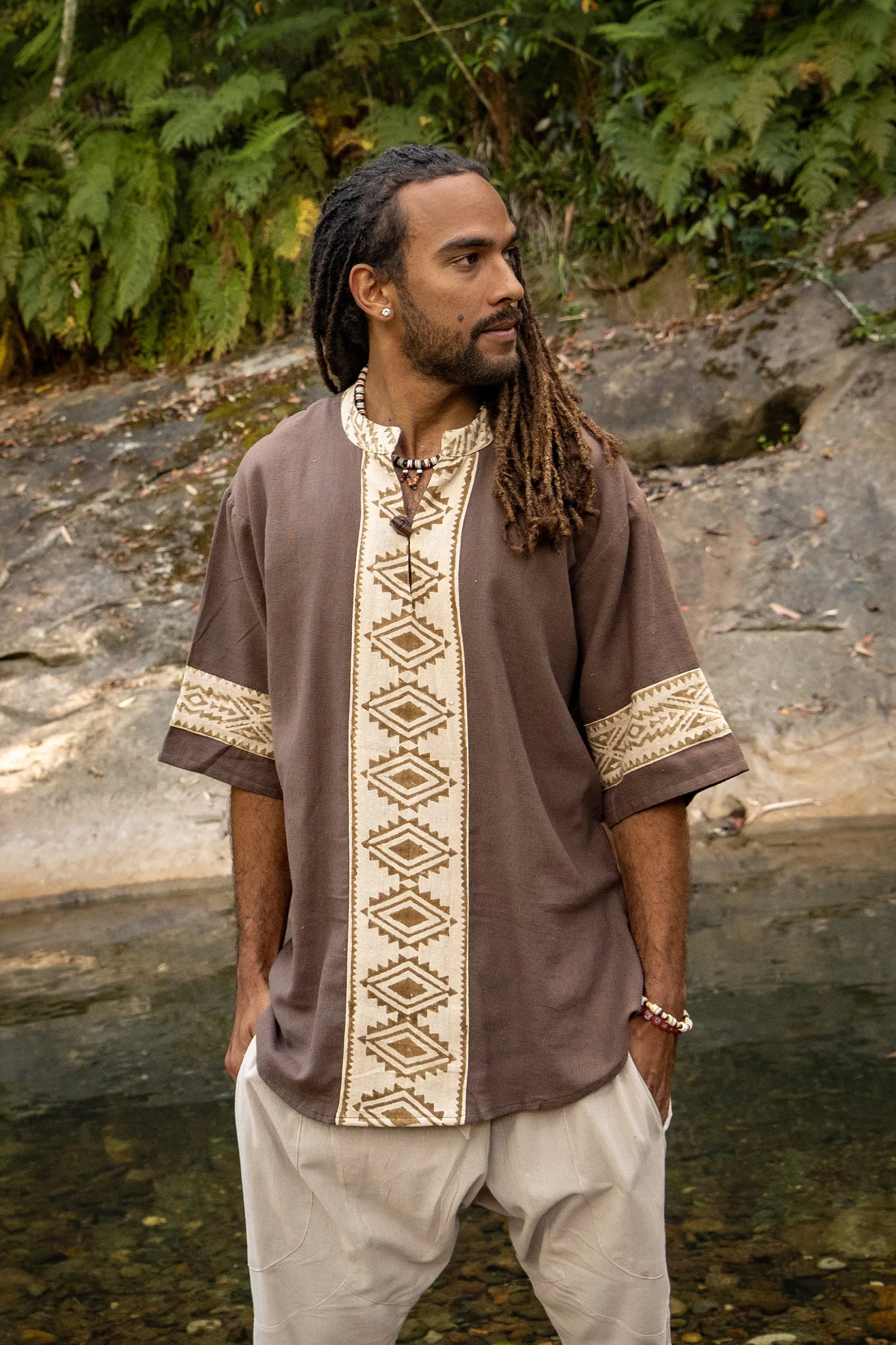 MAHADI Mens Brown Shamanic Top Ceremony Shirt Natural Cotton Block Printed Tribal Patterns Ritual Festival Boho Wedding Best Man AJJAYA