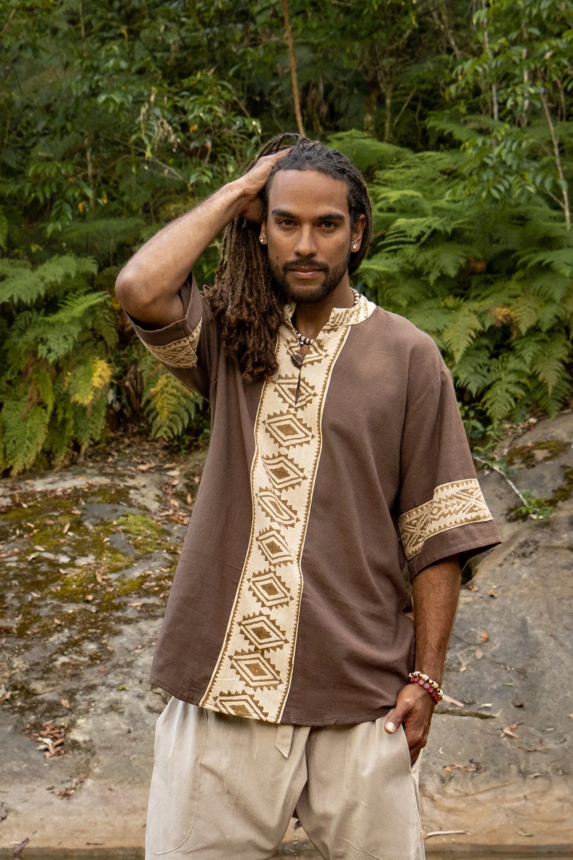 MAHADI Mens Brown Shamanic Top Ceremony Shirt Natural Cotton Block Printed Tribal Patterns Ritual Festival Boho Wedding Best Man AJJAYA