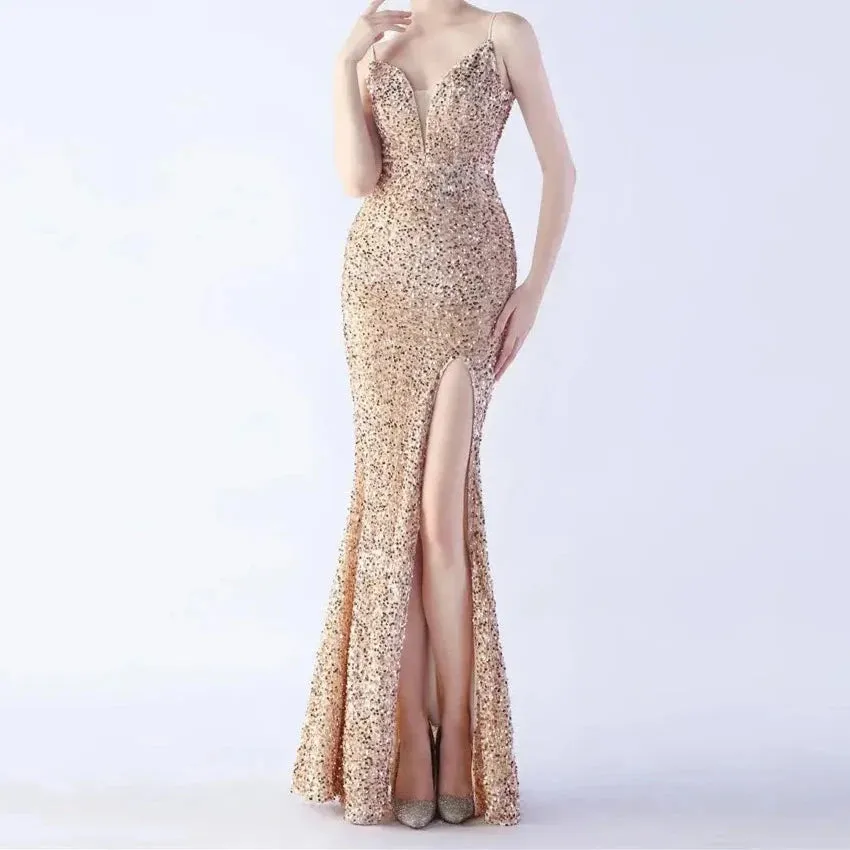 Martha Spaghetti Strap Side Slit Sequined Maxi Dress