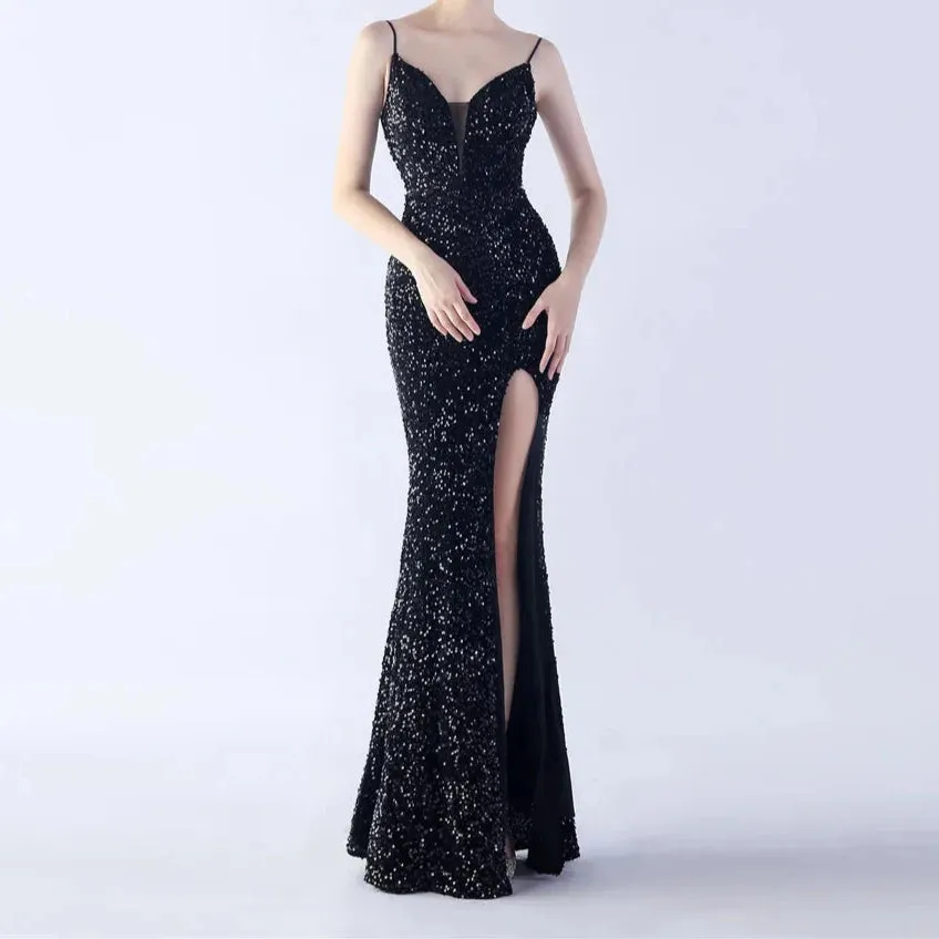 Martha Spaghetti Strap Side Slit Sequined Maxi Dress