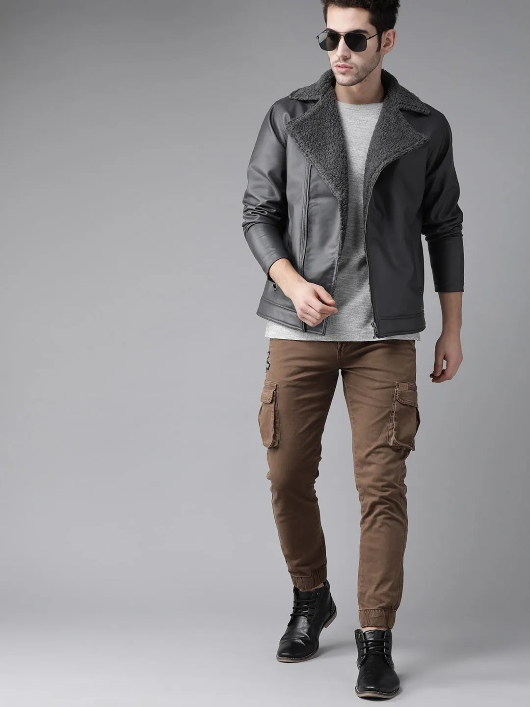 Men Charcoal Grey Solid Biker Jacket  | QAWACH