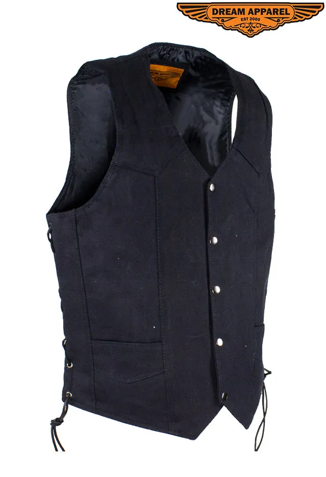 Mens Black Denim Vest with Side Laces