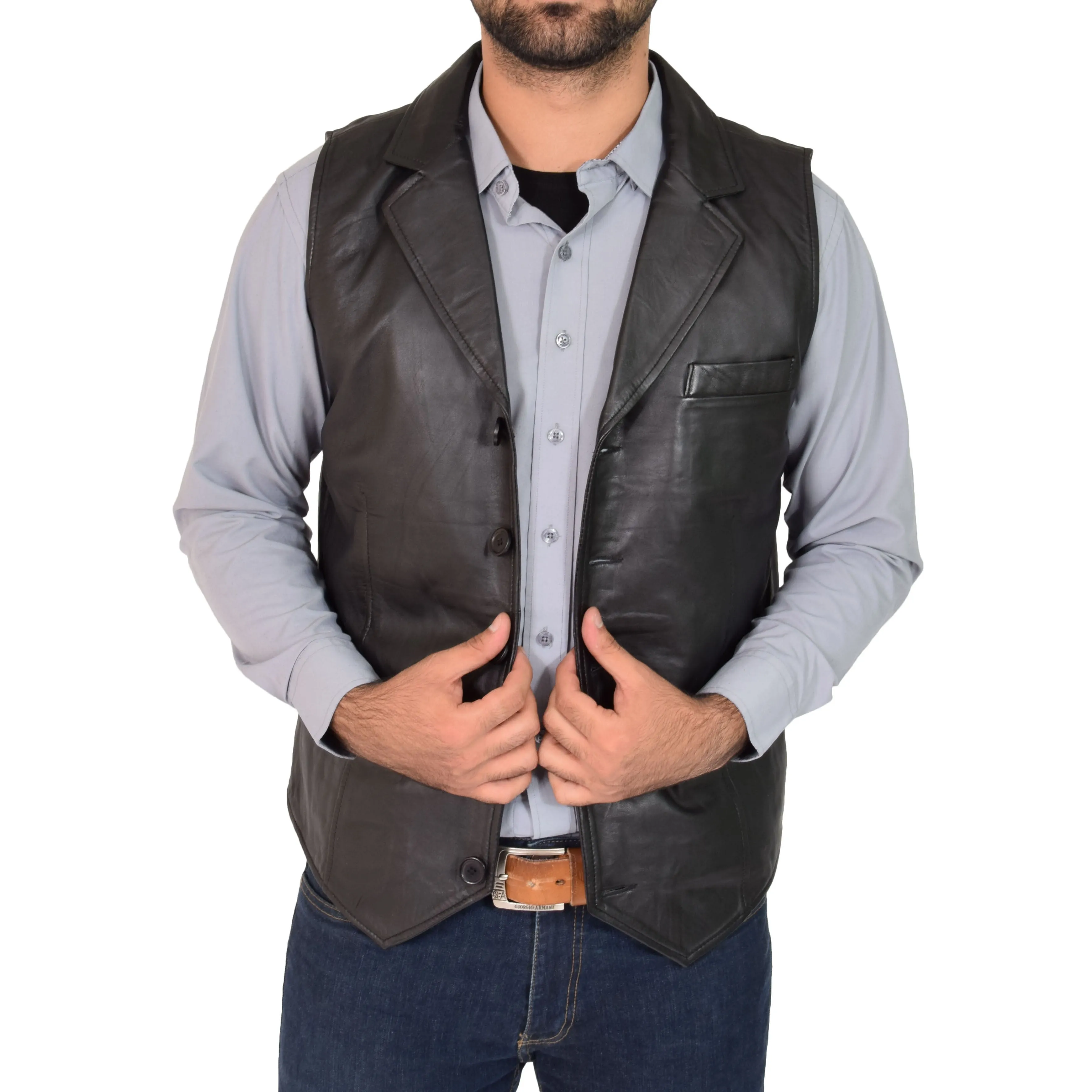 Mens Leather Buttoned Waistcoat Gilet Calvin Black