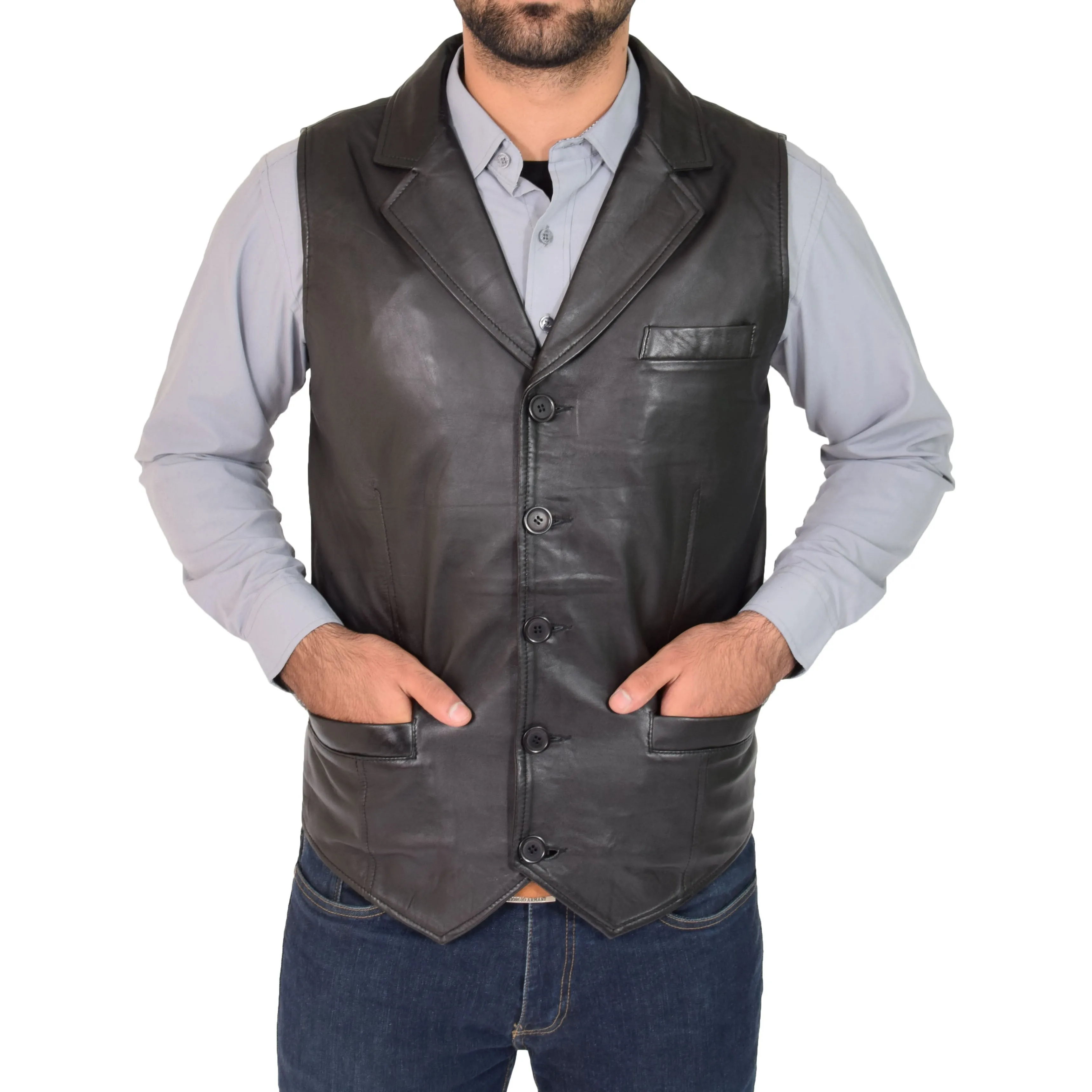 Mens Leather Buttoned Waistcoat Gilet Calvin Black