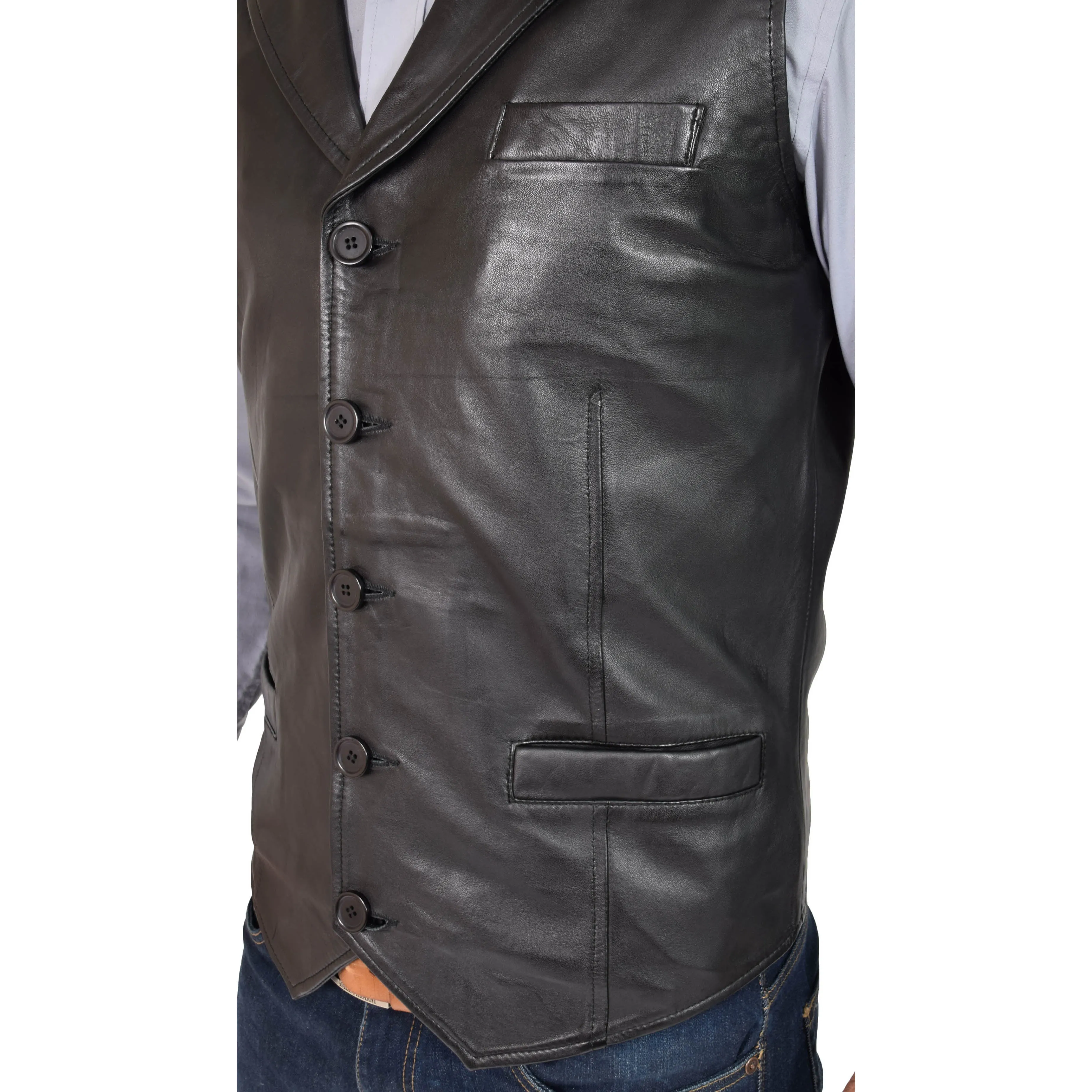 Mens Leather Buttoned Waistcoat Gilet Calvin Black