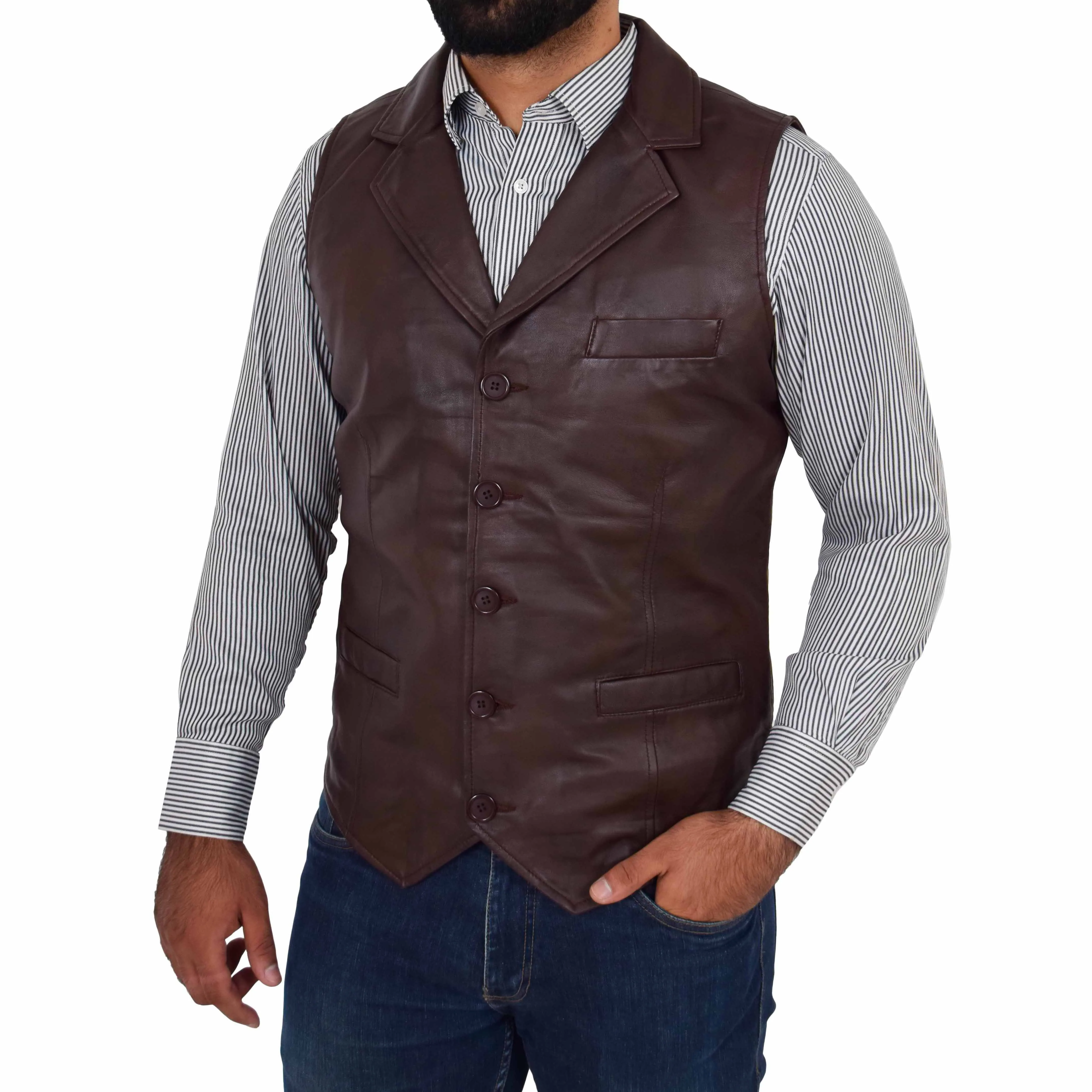 Mens Leather Buttoned Waistcoat Gilet Calvin Brown